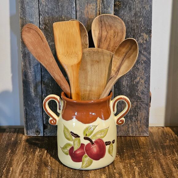 Rustic Apple Design Stoneware Crock - Vintage Ceramic Utensil Jar with Handles - Picture 4 of 10